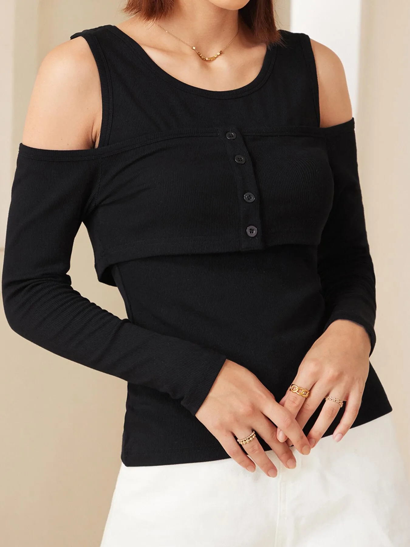 Button Front Cold Shoulder Top