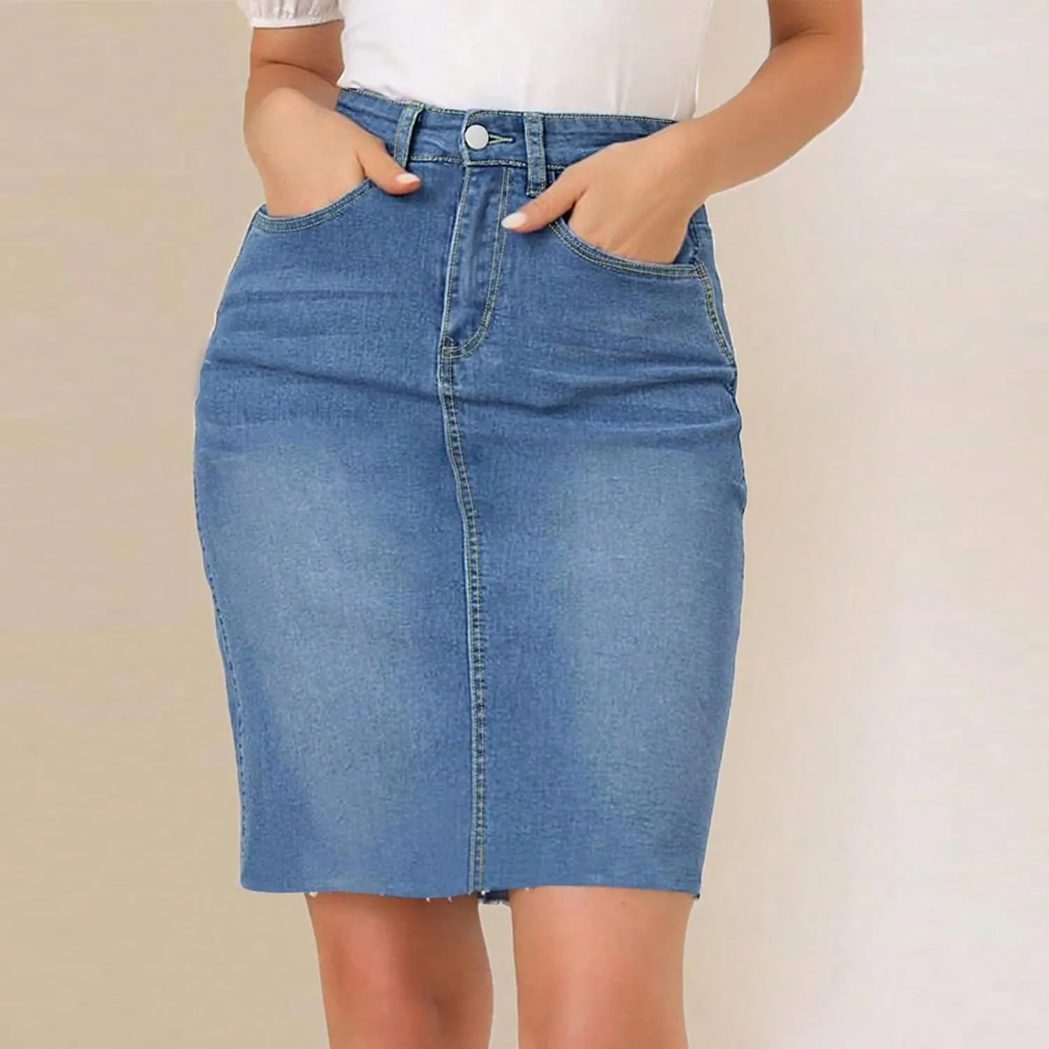 fanmpghleoo Jean Skirts for Women Denim Frayed Hem Mini Pencil Skirts High Waisted Bodycon Curvy Denim Skirt with Pockets