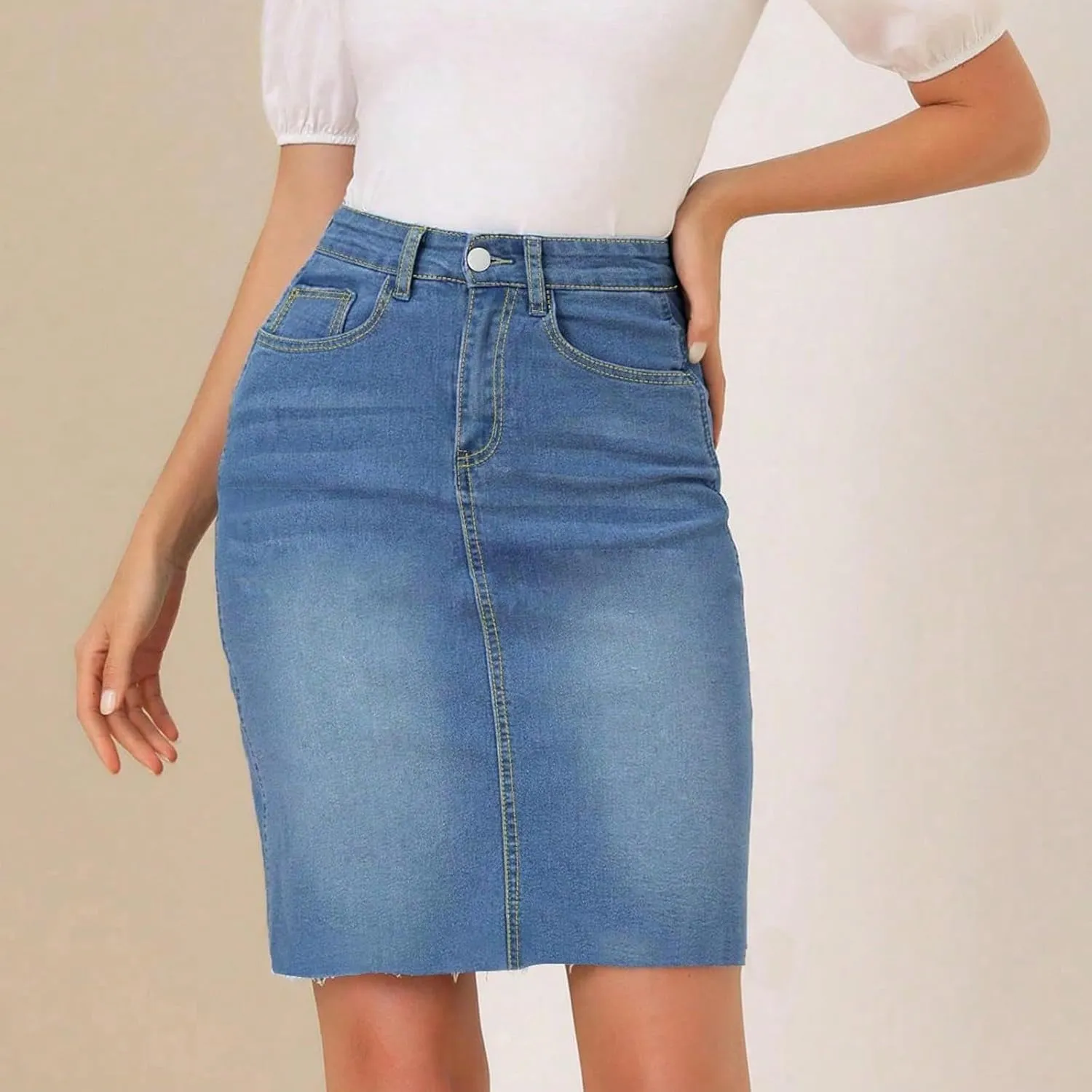 fanmpghleoo Jean Skirts for Women Denim Frayed Hem Mini Pencil Skirts High Waisted Bodycon Curvy Denim Skirt with Pockets