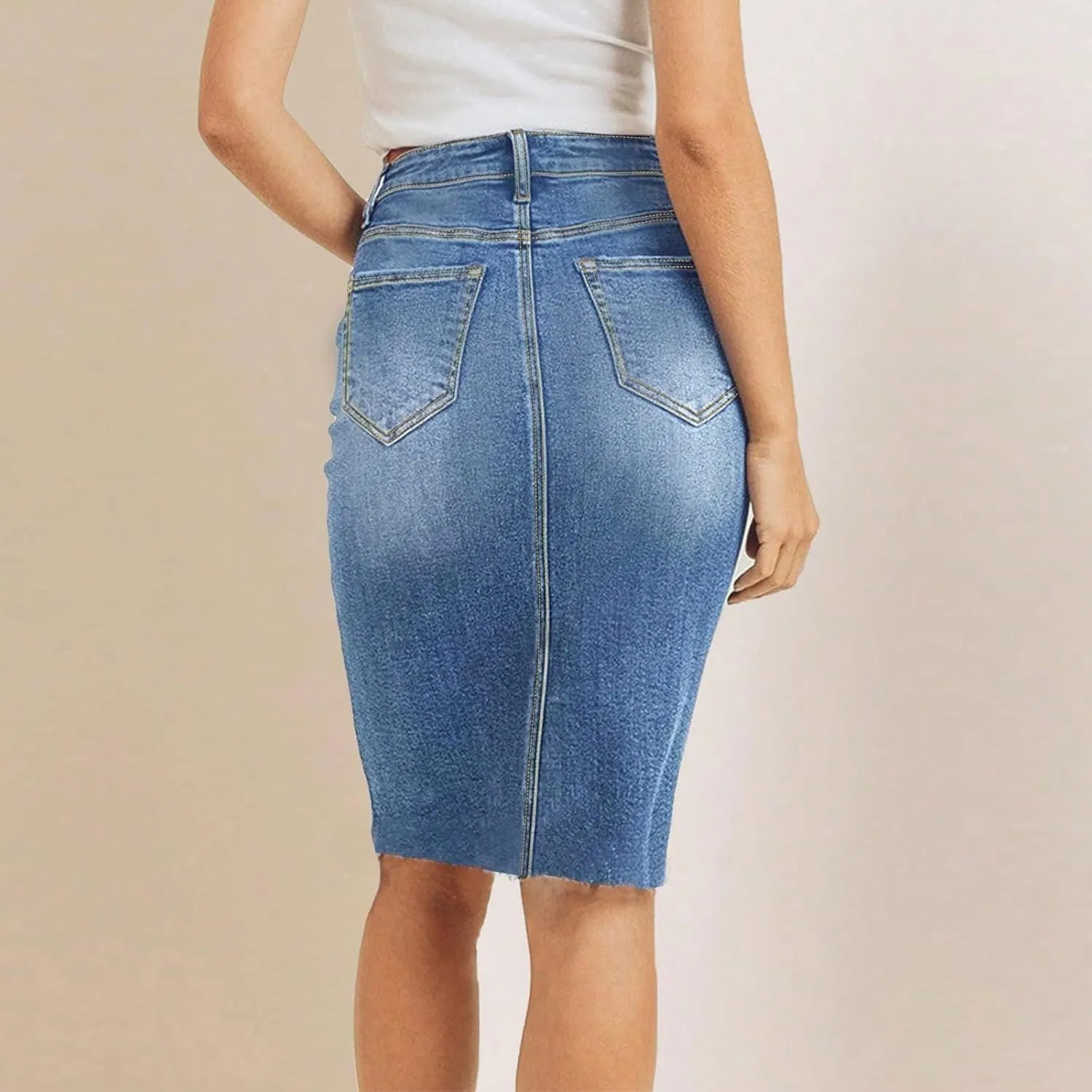 fanmpghleoo Jean Skirts for Women Denim Frayed Hem Mini Pencil Skirts High Waisted Bodycon Curvy Denim Skirt with Pockets