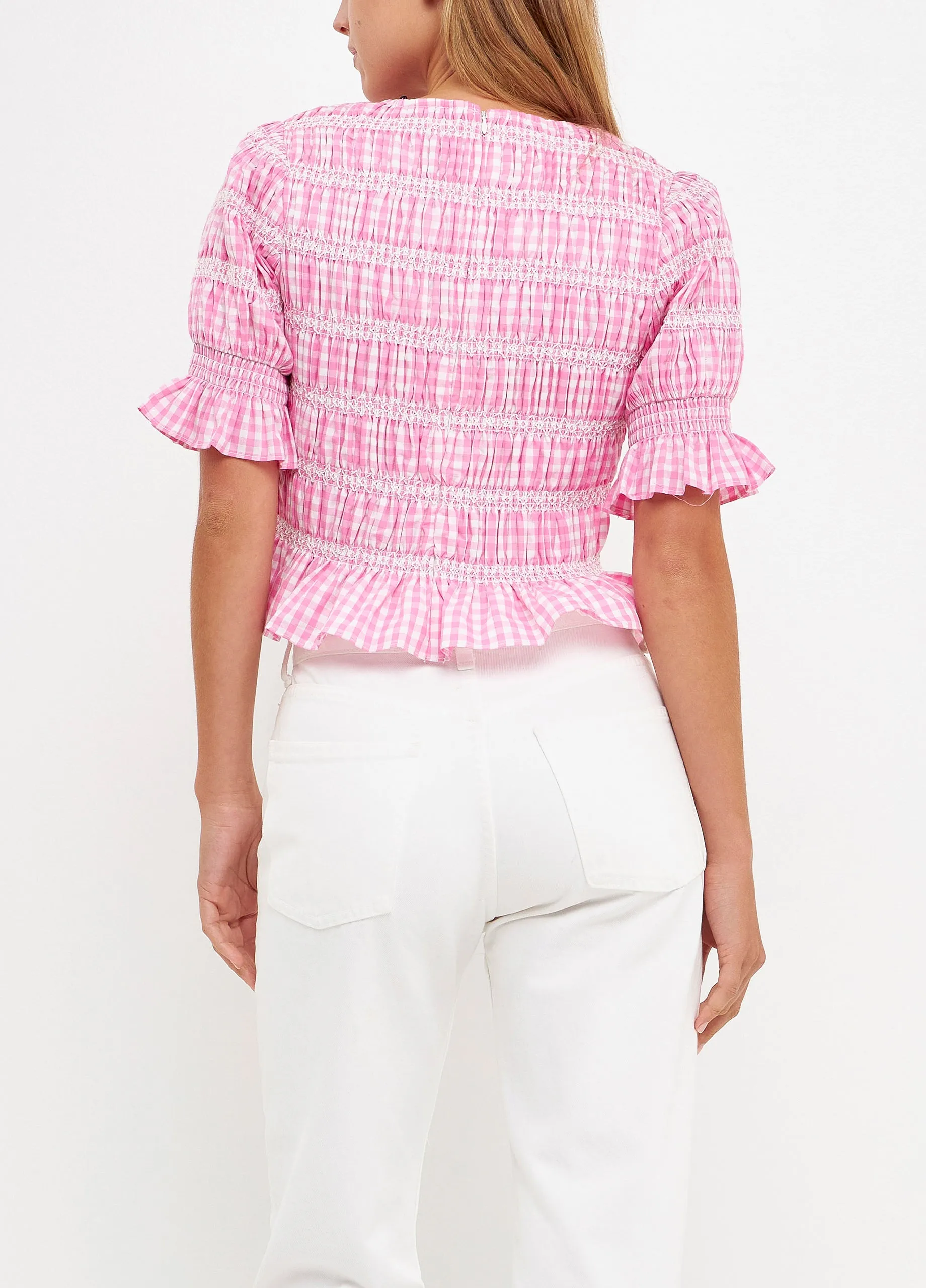 Gingham Smocked Puff Sleeve Top