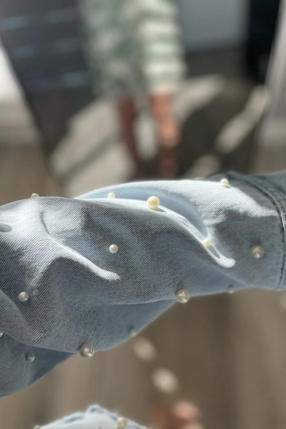 I Do Pearl Embellished Light Wash Denim Jacket