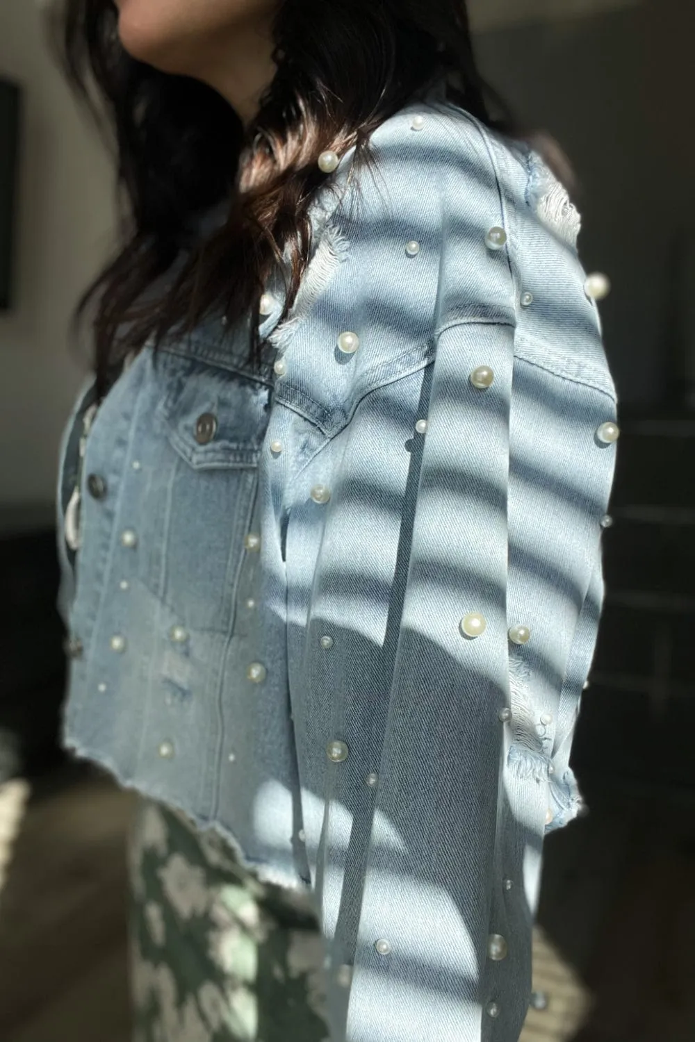 I Do Pearl Embellished Light Wash Denim Jacket