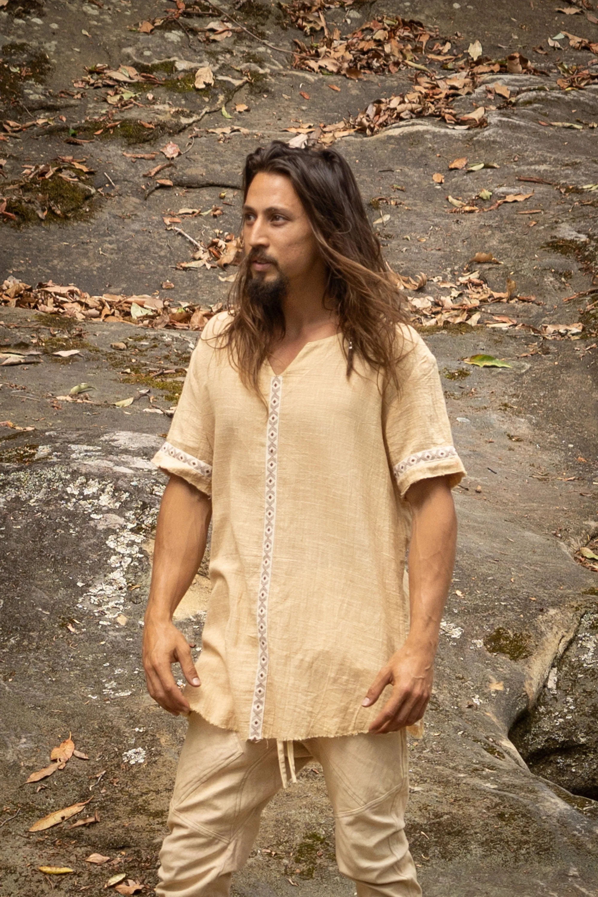 IKRAN Beige Mens Cotton T Shirt Top Stone Washed Naturally Dyed Tribal Pattern Open V Neck Breathable Festival Ceremony Ritual Shaman AJJAYA
