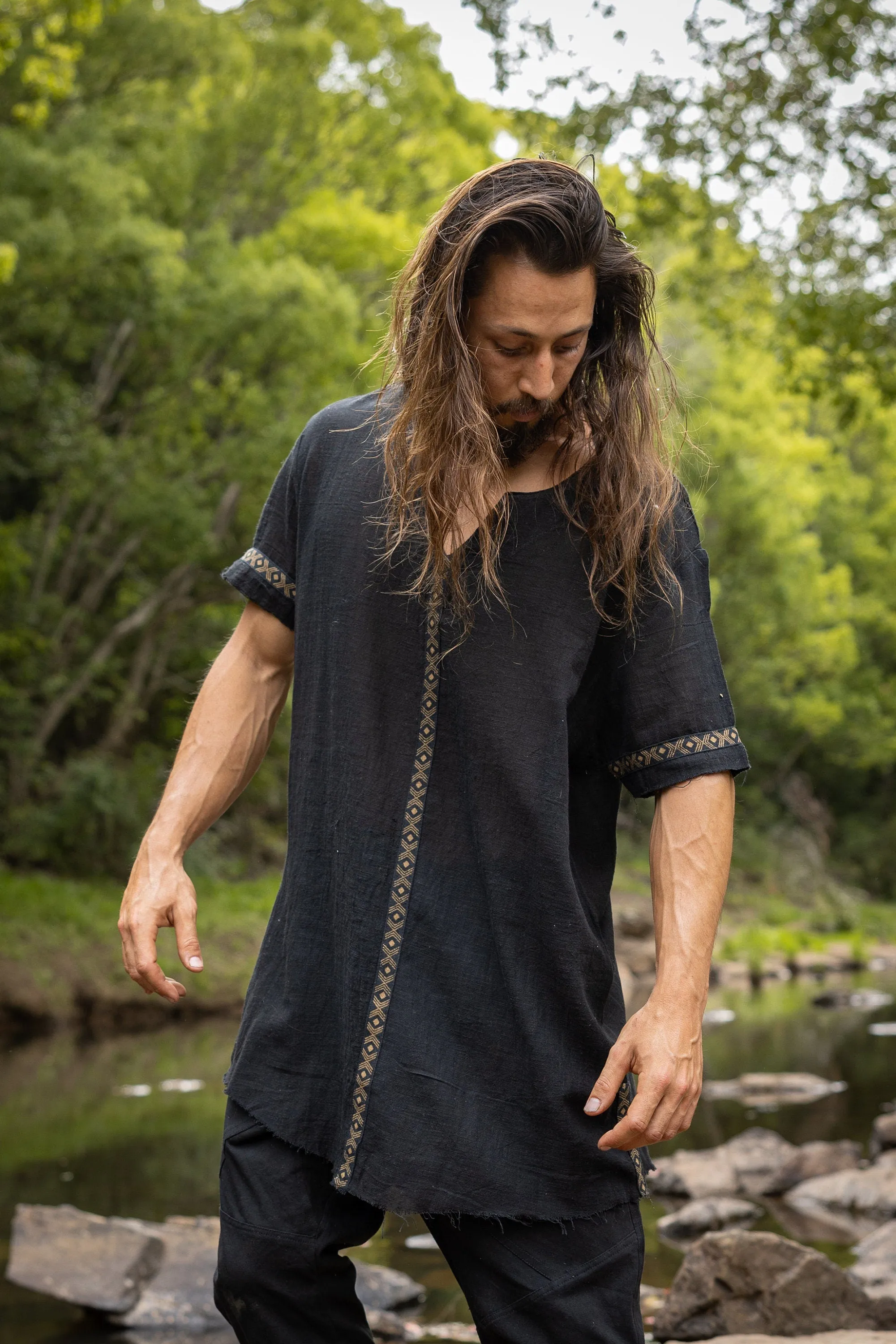 IKRAN Beige Mens Cotton T Shirt Top Stone Washed Naturally Dyed Tribal Pattern Open V Neck Breathable Festival Ceremony Ritual Shaman AJJAYA