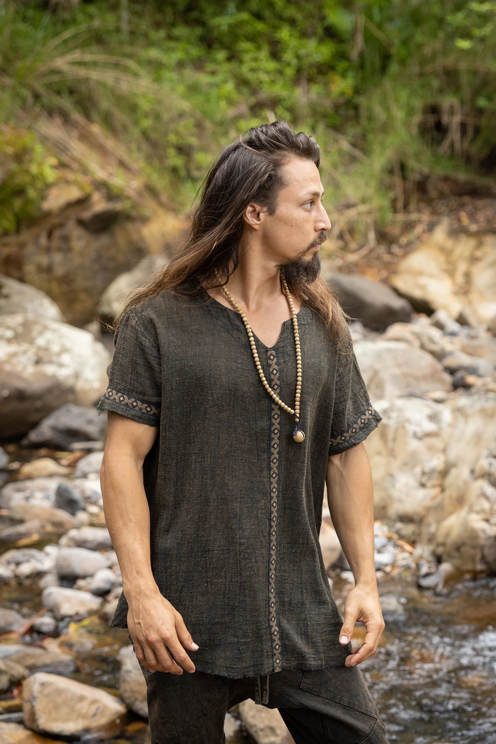 IKRAN Beige Mens Cotton T Shirt Top Stone Washed Naturally Dyed Tribal Pattern Open V Neck Breathable Festival Ceremony Ritual Shaman AJJAYA