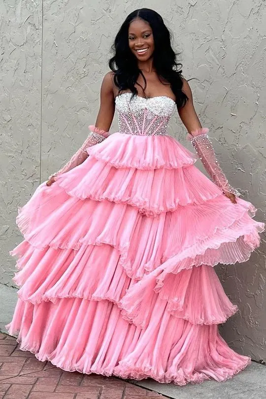 Lana |A-line Sweetheart Tiered Organza Prom Dress with Detachable Sleeves
