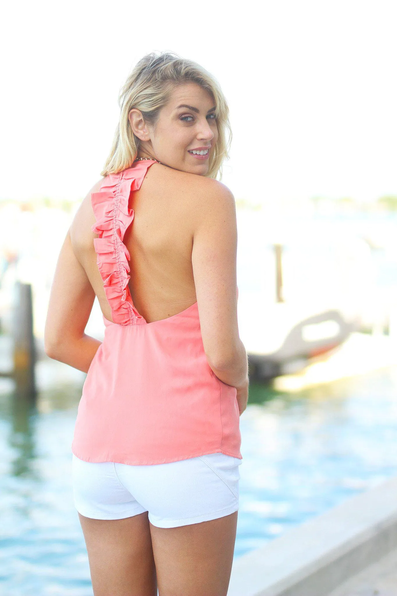 Light Coral Ruffled Back Tank Top