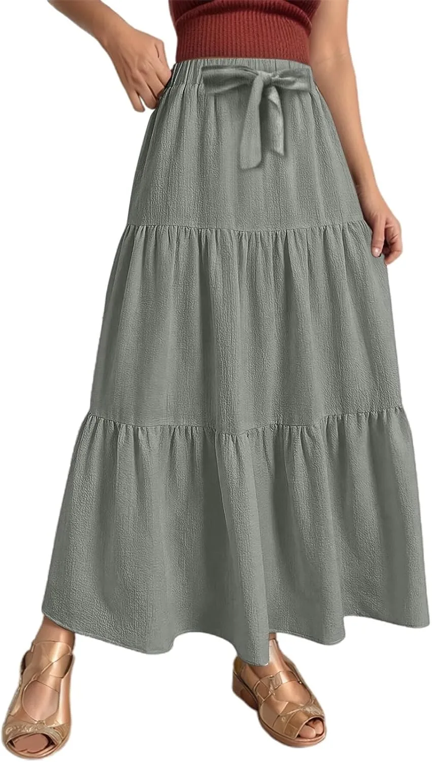 Linen Maxi Skirts for Women 2025 Summer Boho Long Flowy Bow Tie Elastic High Waist Tiered Swing Pleated A Line Skirt