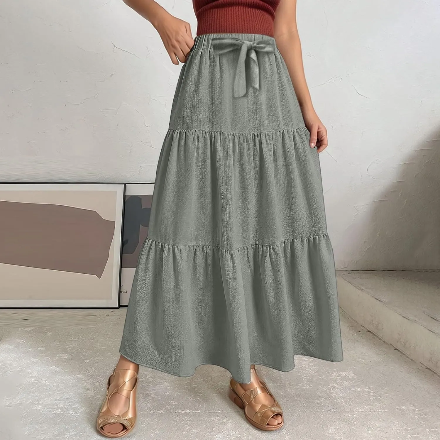 Linen Maxi Skirts for Women 2025 Summer Boho Long Flowy Bow Tie Elastic High Waist Tiered Swing Pleated A Line Skirt