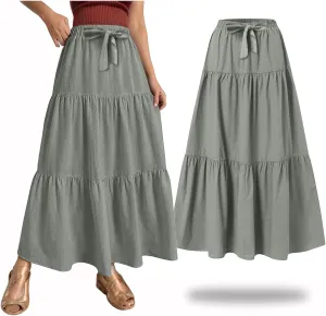 Linen Maxi Skirts for Women 2025 Summer Boho Long Flowy Bow Tie Elastic High Waist Tiered Swing Pleated A Line Skirt
