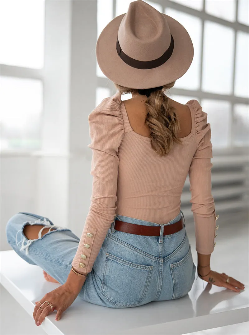 Long Sleeve Solid Color Button Commuting Elegant Top