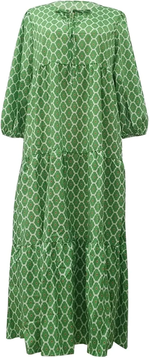 NBXNZWF Boho Maxi Dresses for Women Casual Loose Long Sleeve Flowy Beach Dress Puff Sleeve V Neck Pleated Vacation Dresses