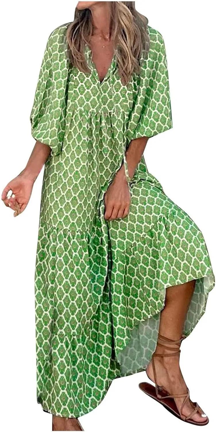 NBXNZWF Boho Maxi Dresses for Women Casual Loose Long Sleeve Flowy Beach Dress Puff Sleeve V Neck Pleated Vacation Dresses