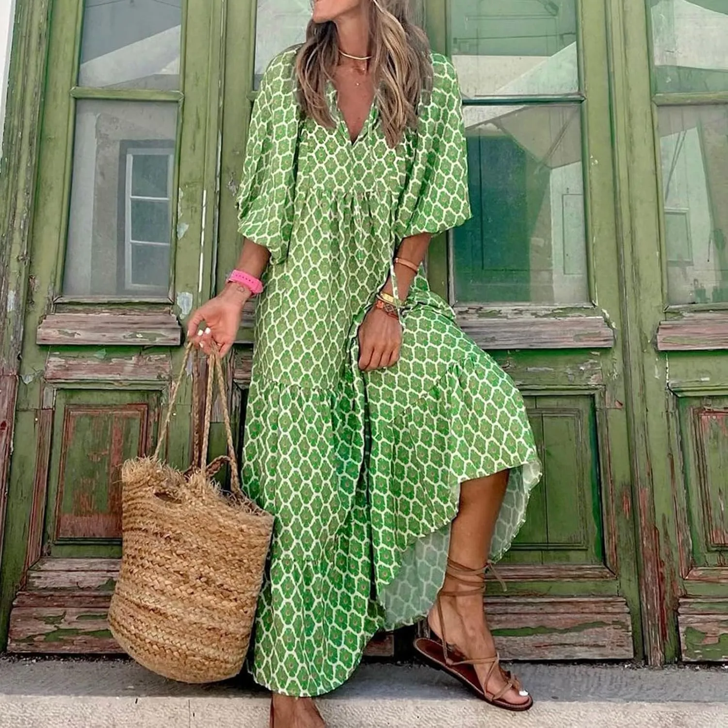 NBXNZWF Boho Maxi Dresses for Women Casual Loose Long Sleeve Flowy Beach Dress Puff Sleeve V Neck Pleated Vacation Dresses