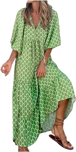 NBXNZWF Boho Maxi Dresses for Women Casual Loose Long Sleeve Flowy Beach Dress Puff Sleeve V Neck Pleated Vacation Dresses