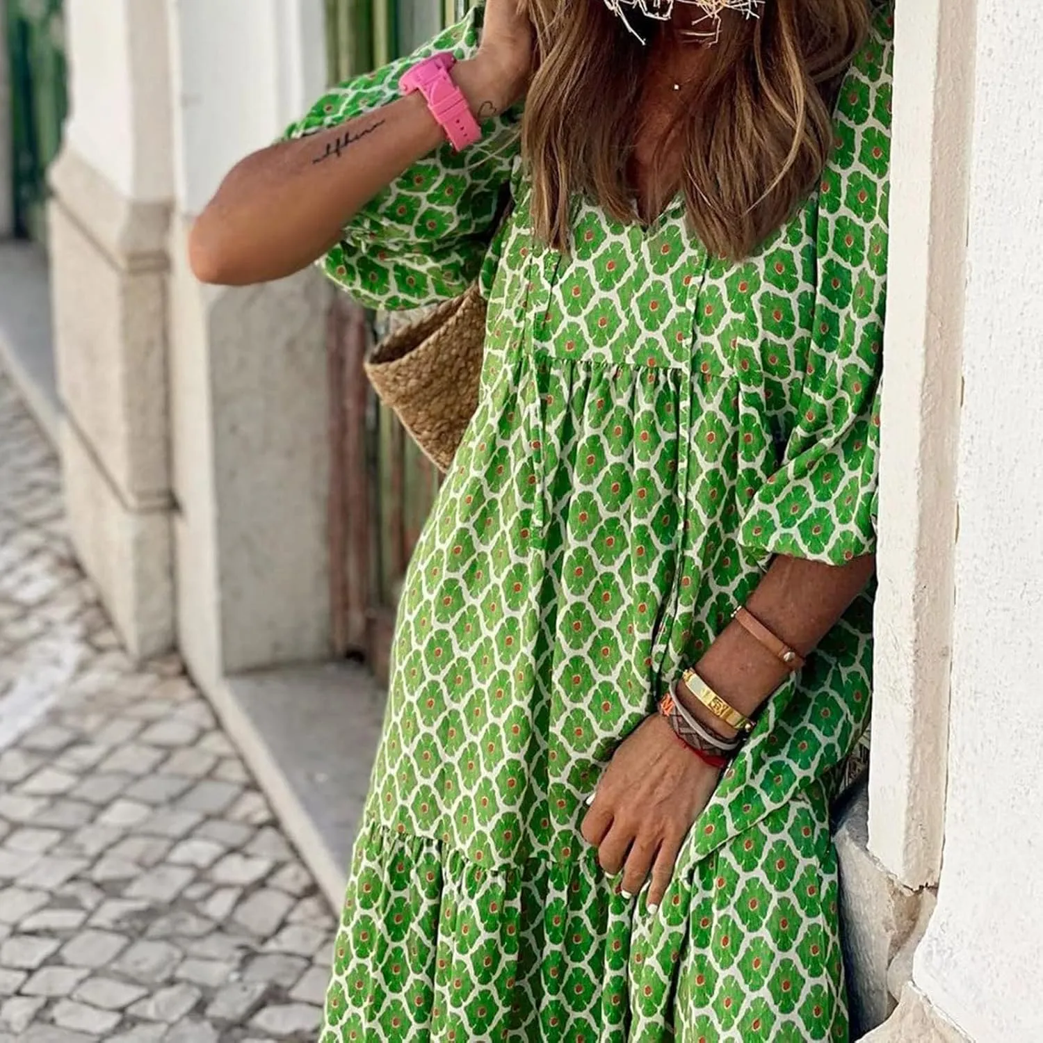 NBXNZWF Boho Maxi Dresses for Women Casual Loose Long Sleeve Flowy Beach Dress Puff Sleeve V Neck Pleated Vacation Dresses