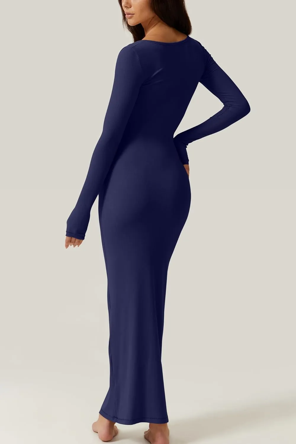 QINSEN Women's Long Maxi Dress Square Neck Long Sleeve Ribbed Bodycon Lounge Dresses
