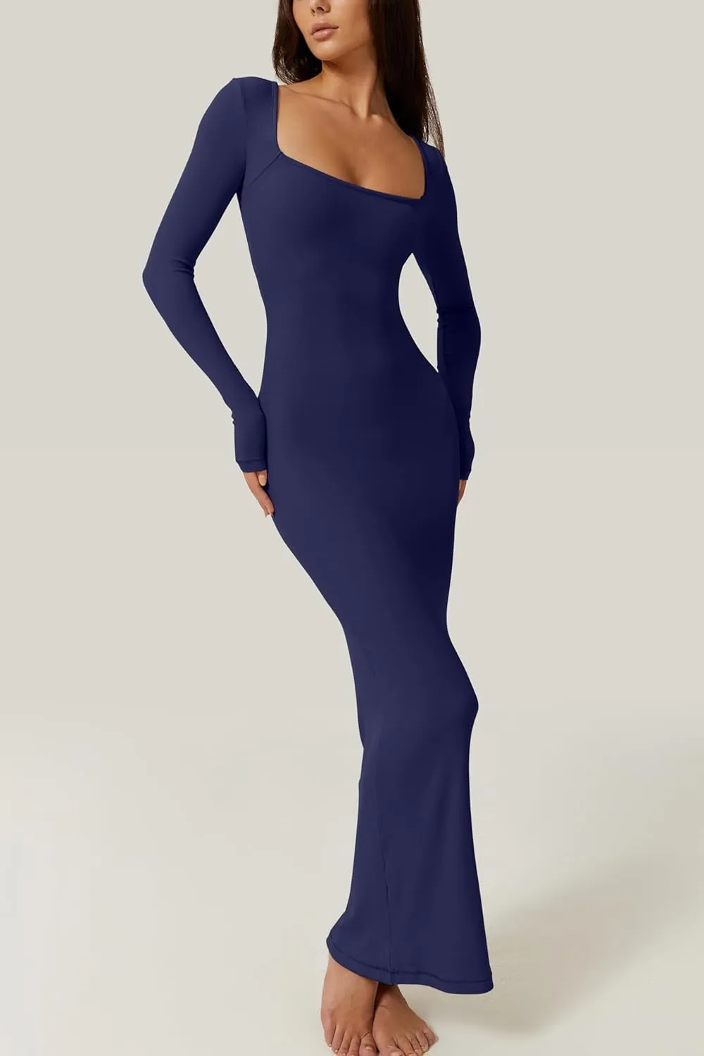 QINSEN Women's Long Maxi Dress Square Neck Long Sleeve Ribbed Bodycon Lounge Dresses