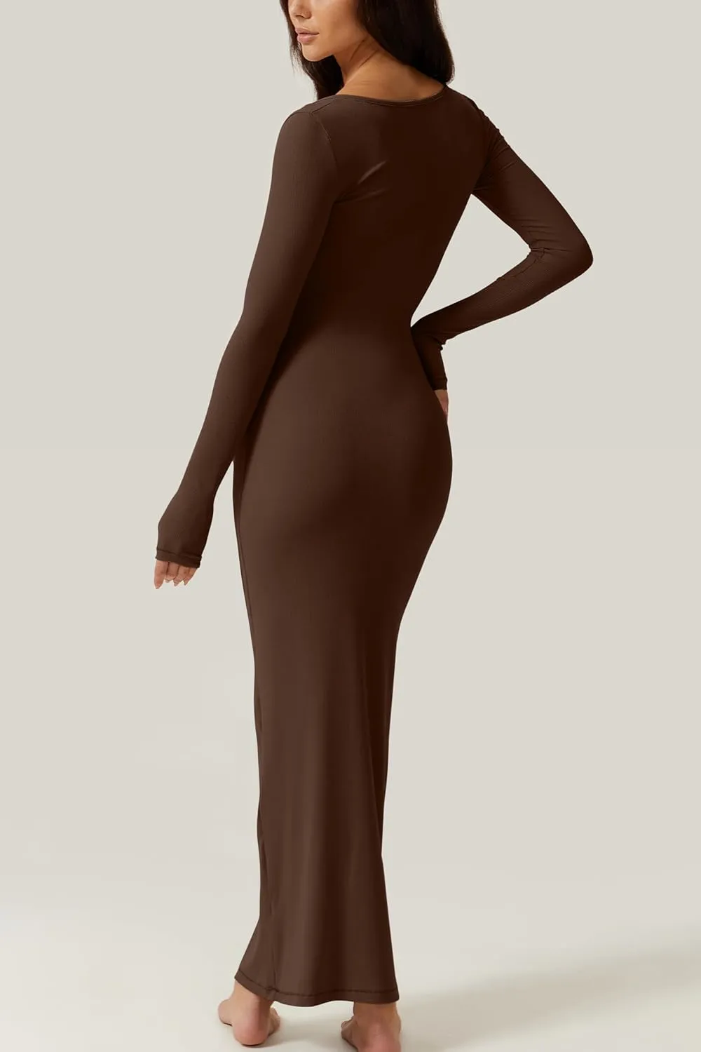 QINSEN Women's Long Maxi Dress Square Neck Long Sleeve Ribbed Bodycon Lounge Dresses