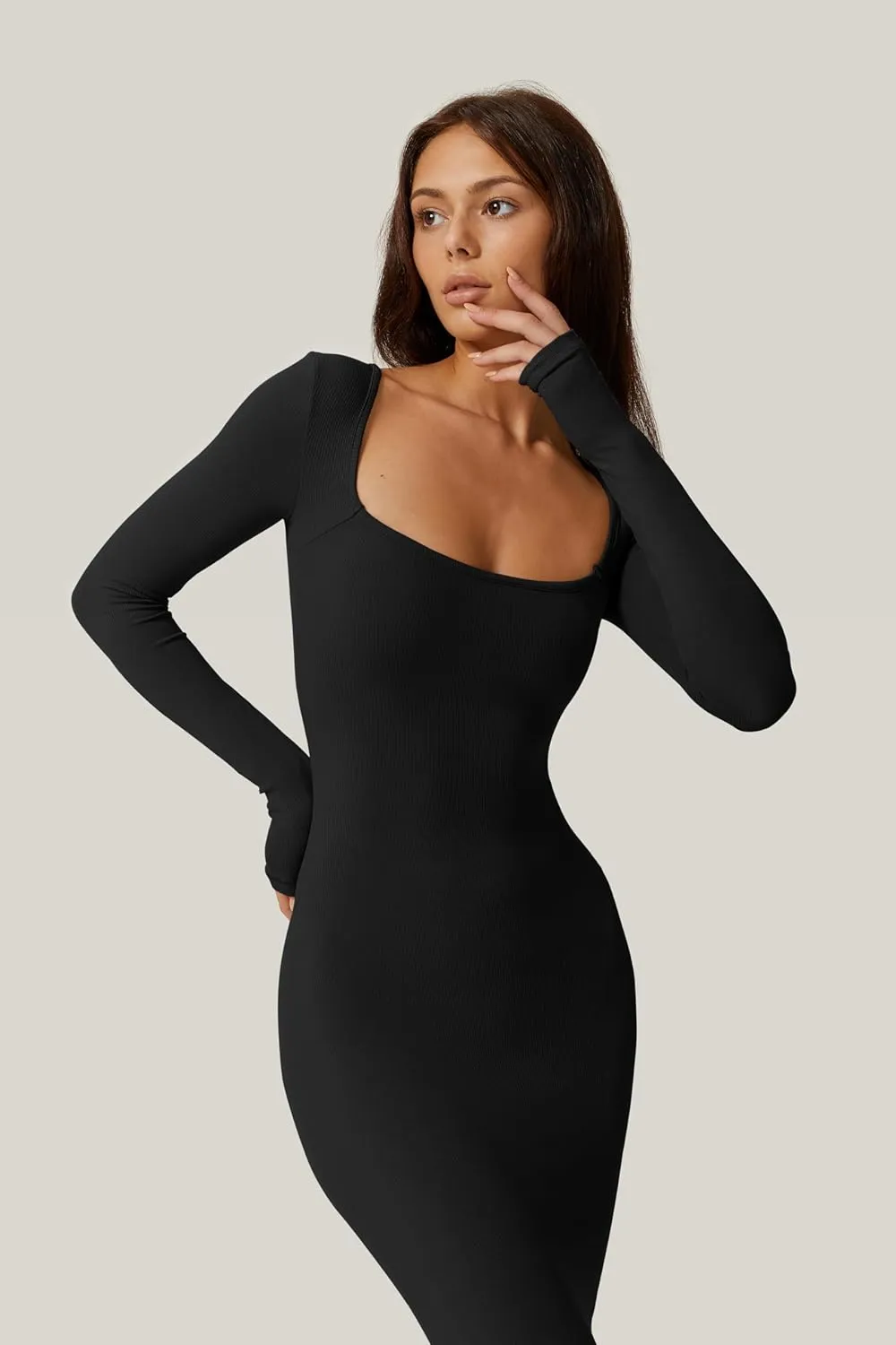QINSEN Women's Long Maxi Dress Square Neck Long Sleeve Ribbed Bodycon Lounge Dresses
