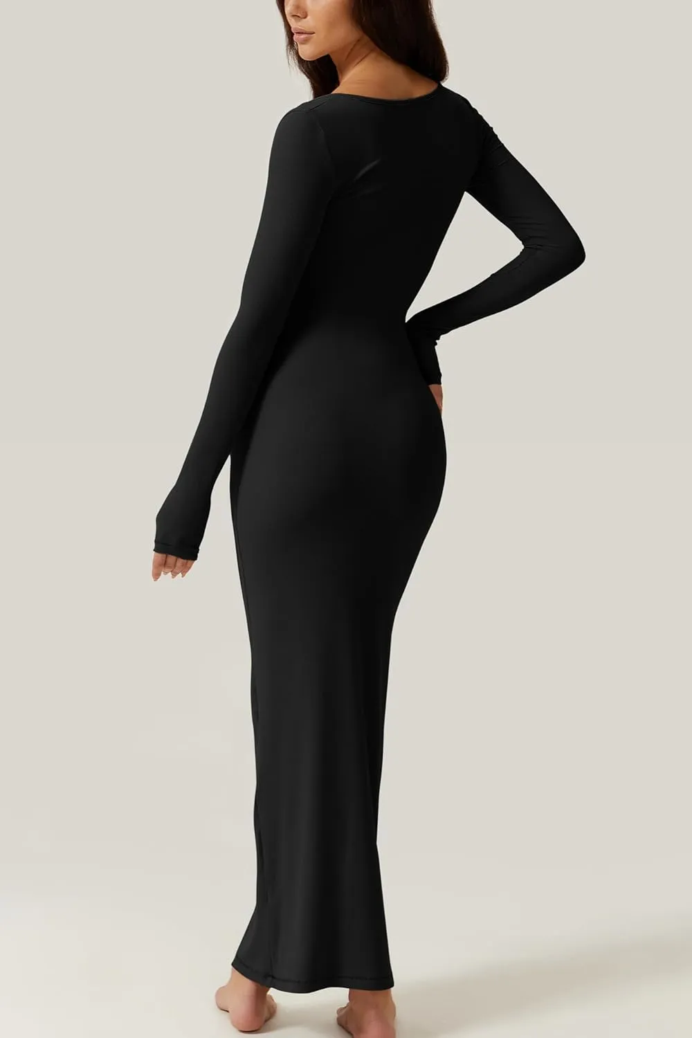 QINSEN Women's Long Maxi Dress Square Neck Long Sleeve Ribbed Bodycon Lounge Dresses