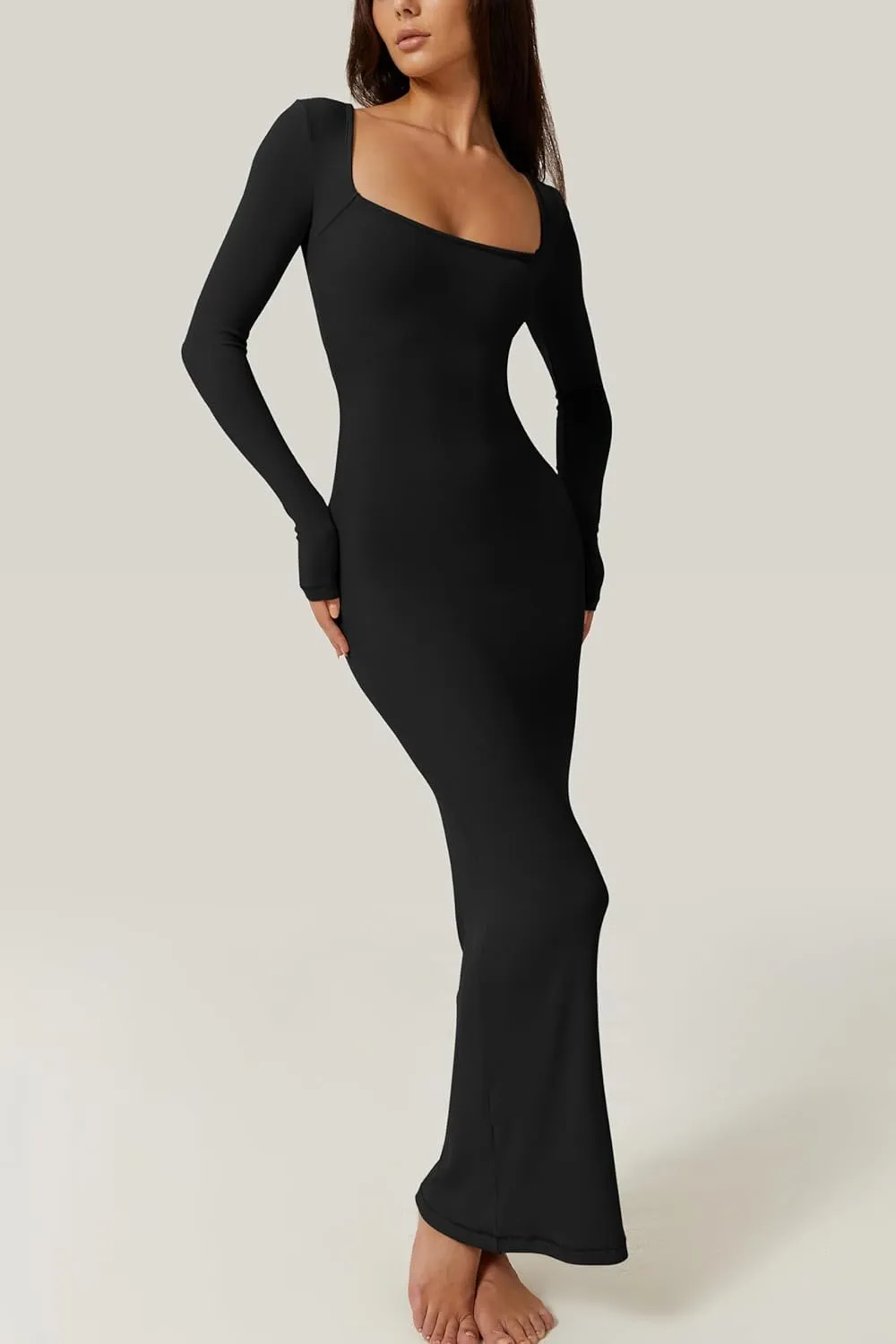QINSEN Women's Long Maxi Dress Square Neck Long Sleeve Ribbed Bodycon Lounge Dresses
