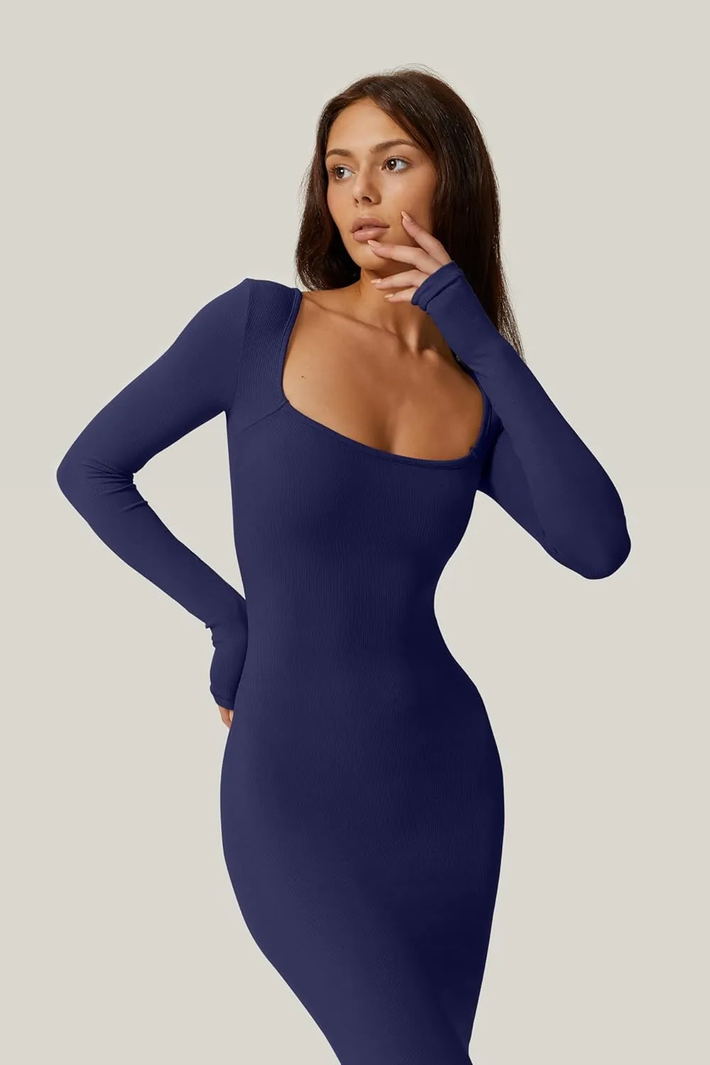 QINSEN Women's Long Maxi Dress Square Neck Long Sleeve Ribbed Bodycon Lounge Dresses