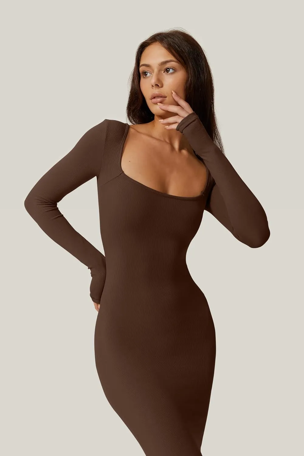 QINSEN Women's Long Maxi Dress Square Neck Long Sleeve Ribbed Bodycon Lounge Dresses