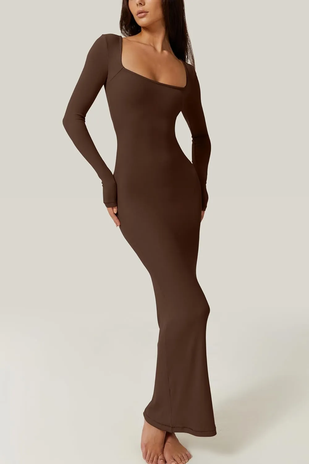 QINSEN Women's Long Maxi Dress Square Neck Long Sleeve Ribbed Bodycon Lounge Dresses