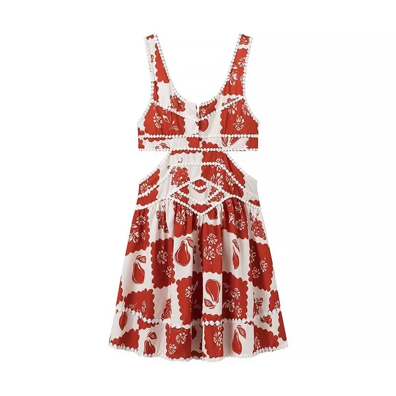 Summer Printing Cutout Sling Lace A Line Dress