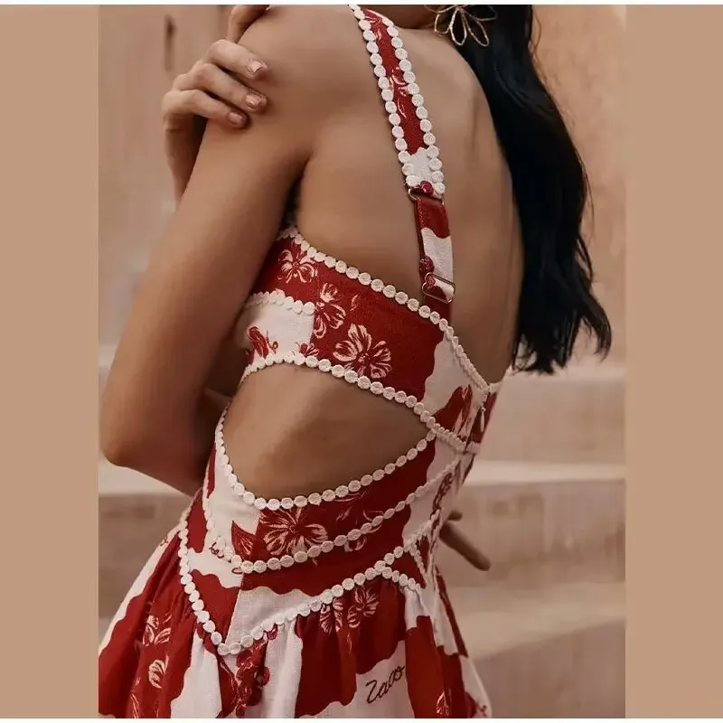 Summer Printing Cutout Sling Lace A Line Dress