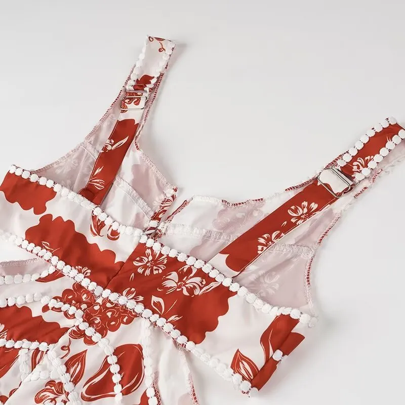 Summer Printing Cutout Sling Lace A Line Dress