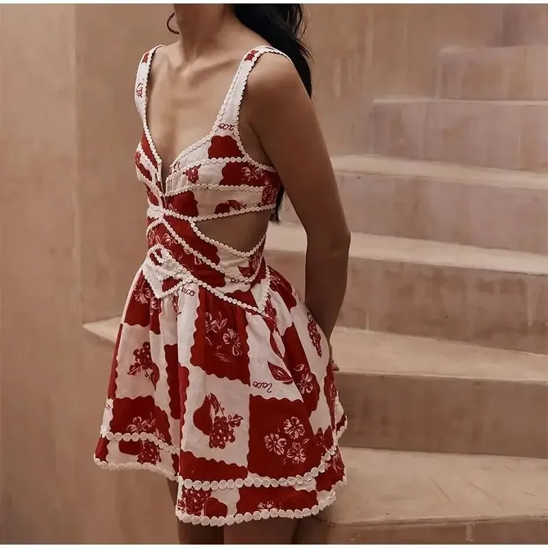 Summer Printing Cutout Sling Lace A Line Dress