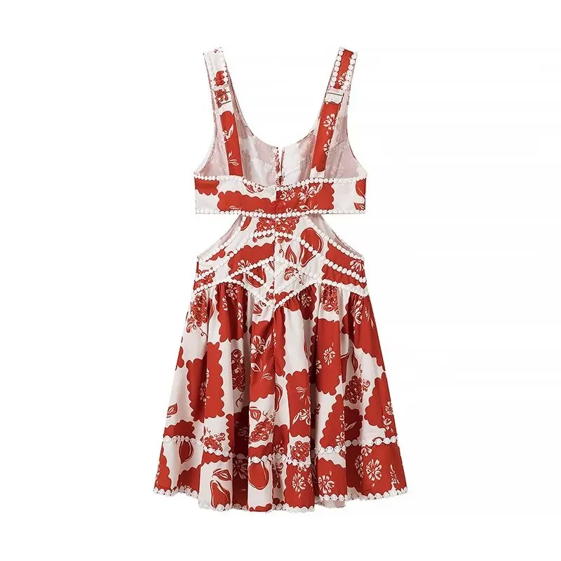 Summer Printing Cutout Sling Lace A Line Dress