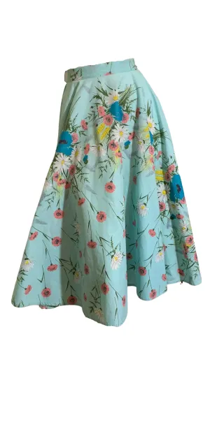Wildflower Bouquet Print Sky Blue Circle Skirt circa 1950s