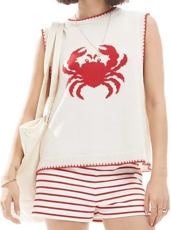 Women Graphic Sweater Vest Y2k Sleeveless Lobster Pullover Top Crew Neck Lightweight Fall Knit Tank Top
