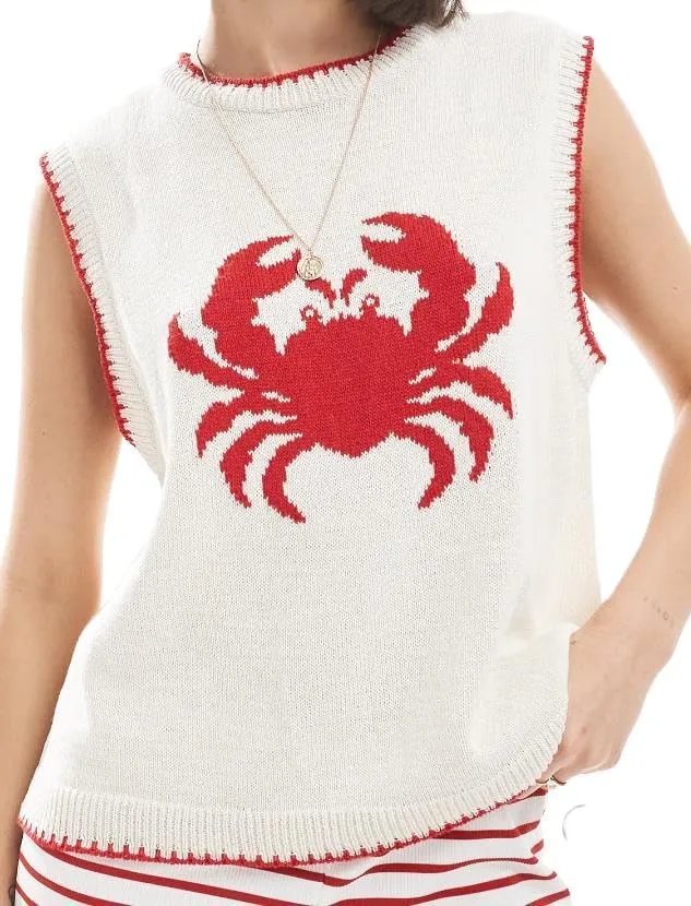 Women Graphic Sweater Vest Y2k Sleeveless Lobster Pullover Top Crew Neck Lightweight Fall Knit Tank Top