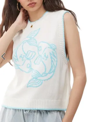Women Graphic Sweater Vest Y2k Sleeveless Lobster Pullover Top Crew Neck Lightweight Fall Knit Tank Top