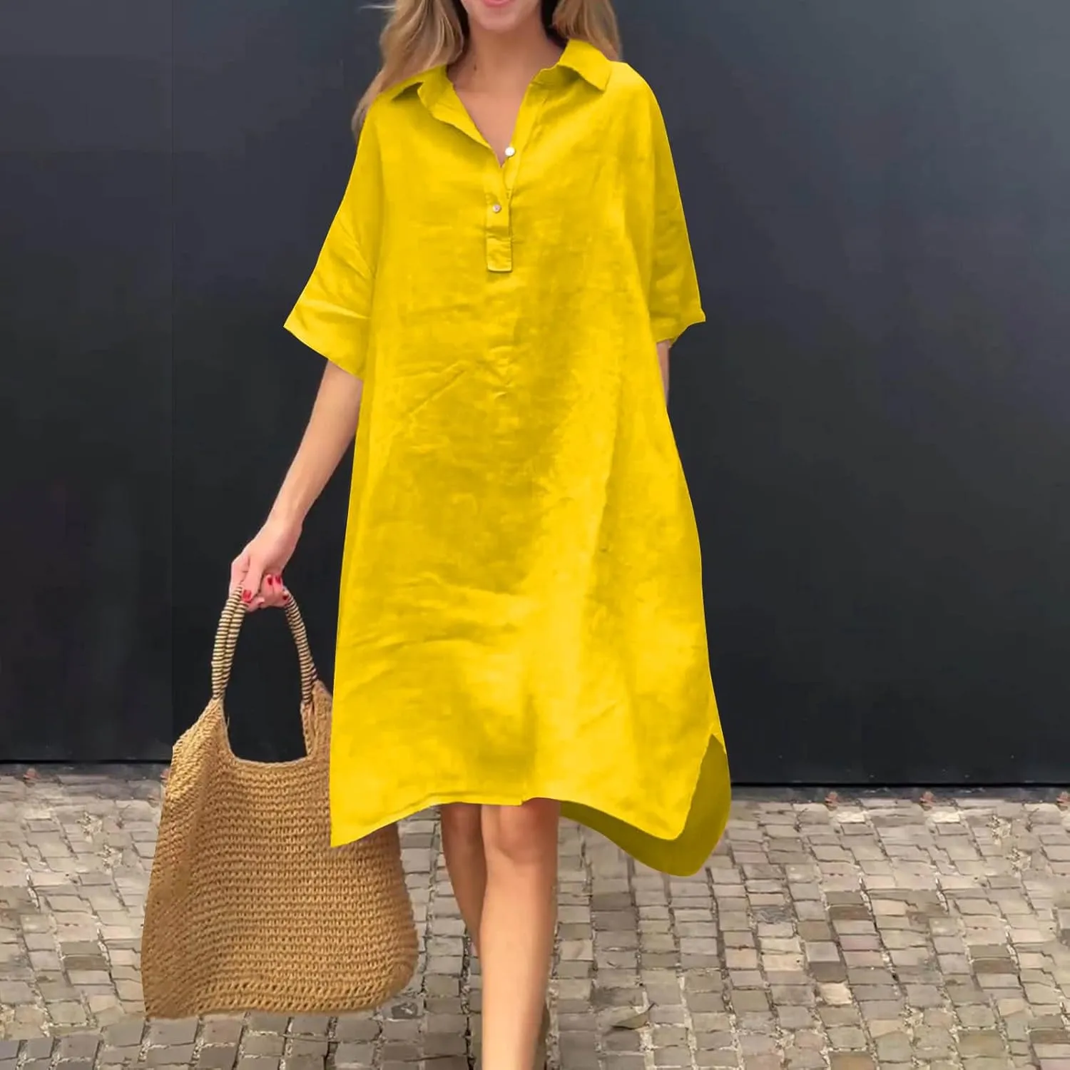 Women Summer Casual Linen Beach Tunic Dress Loose High Low Midi Long 1/4 Button Polos T Shirt Dress Swimsuit Cover Ups
