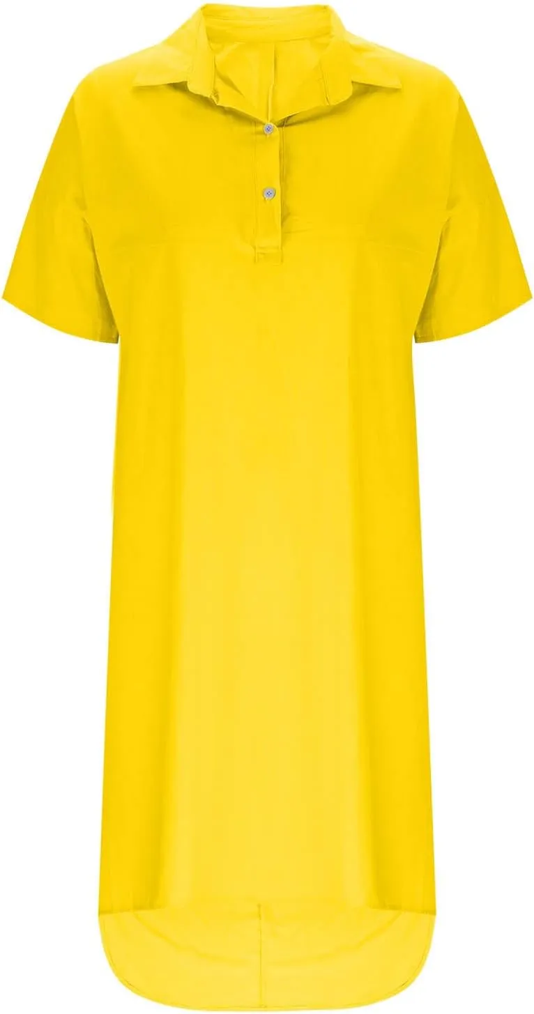 Women Summer Casual Linen Beach Tunic Dress Loose High Low Midi Long 1/4 Button Polos T Shirt Dress Swimsuit Cover Ups