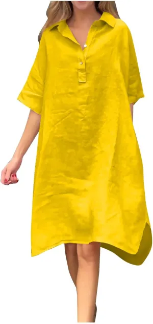 Women Summer Casual Linen Beach Tunic Dress Loose High Low Midi Long 1/4 Button Polos T Shirt Dress Swimsuit Cover Ups