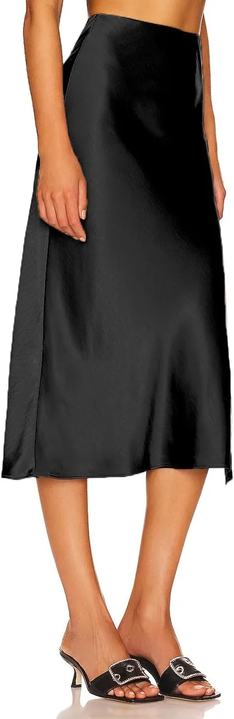 Womens High Waisted Satin Midi Skirt Elastic Waist Silk A Line Slit Midi Skirts