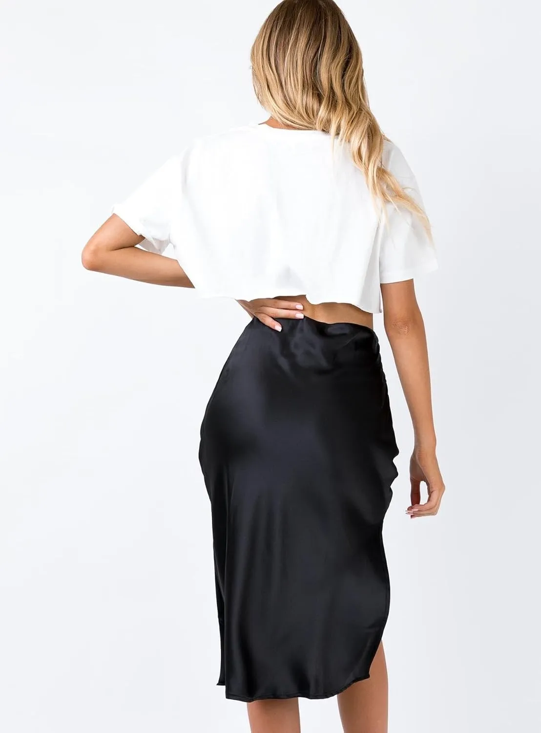 Womens High Waisted Satin Midi Skirt Elastic Waist Silk A Line Slit Midi Skirts