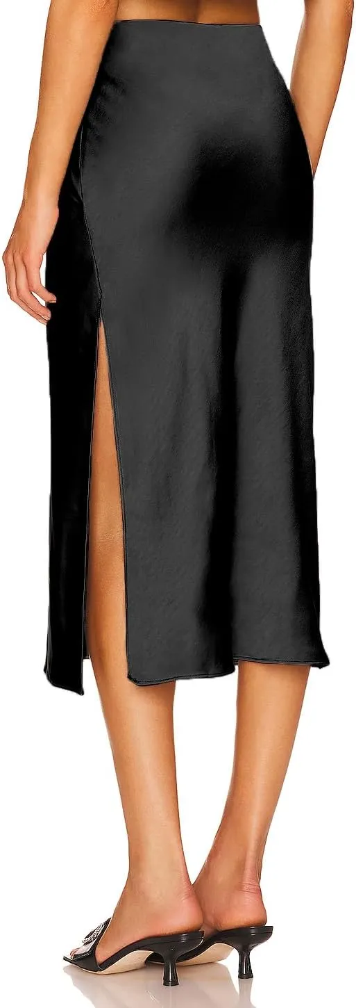 Womens High Waisted Satin Midi Skirt Elastic Waist Silk A Line Slit Midi Skirts
