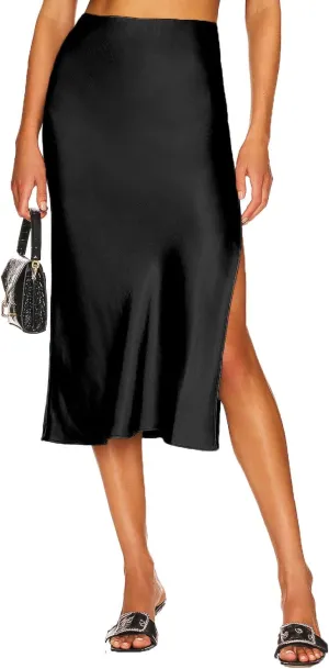 Womens High Waisted Satin Midi Skirt Elastic Waist Silk A Line Slit Midi Skirts