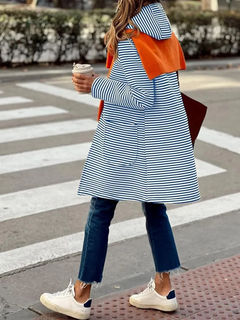 Womens Long Cardigan Color Block Striped Hooded Sweaters Jacket Button Down Long Coatigan Jackets Fall with Pockets
