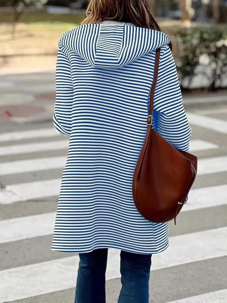 Womens Long Cardigan Color Block Striped Hooded Sweaters Jacket Button Down Long Coatigan Jackets Fall with Pockets