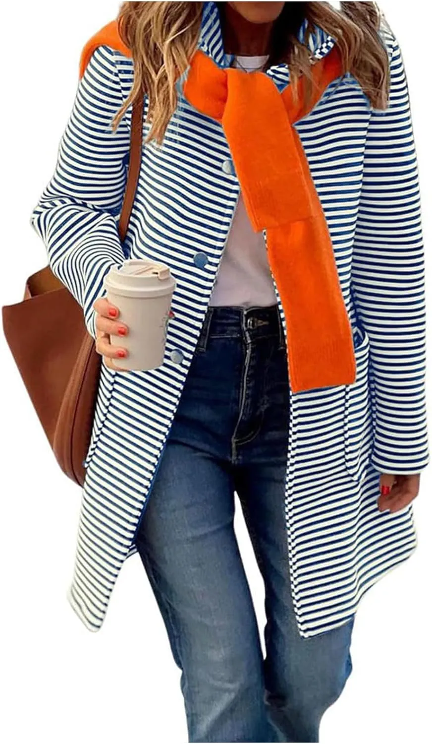 Womens Long Cardigan Color Block Striped Hooded Sweaters Jacket Button Down Long Coatigan Jackets Fall with Pockets