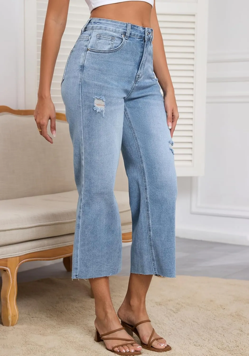 Women's Wide Leg Jeans High Waist Straight Leg Stretchy Ripped Jeans for Womens